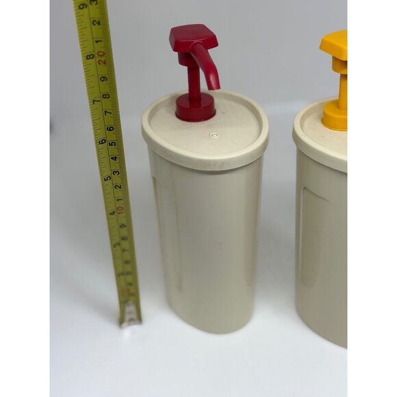 VTG Tupperware Ketchup & Mustard Pump Dispenser Set Red Yellow 8.5" Condiments - Picture 7 of 7